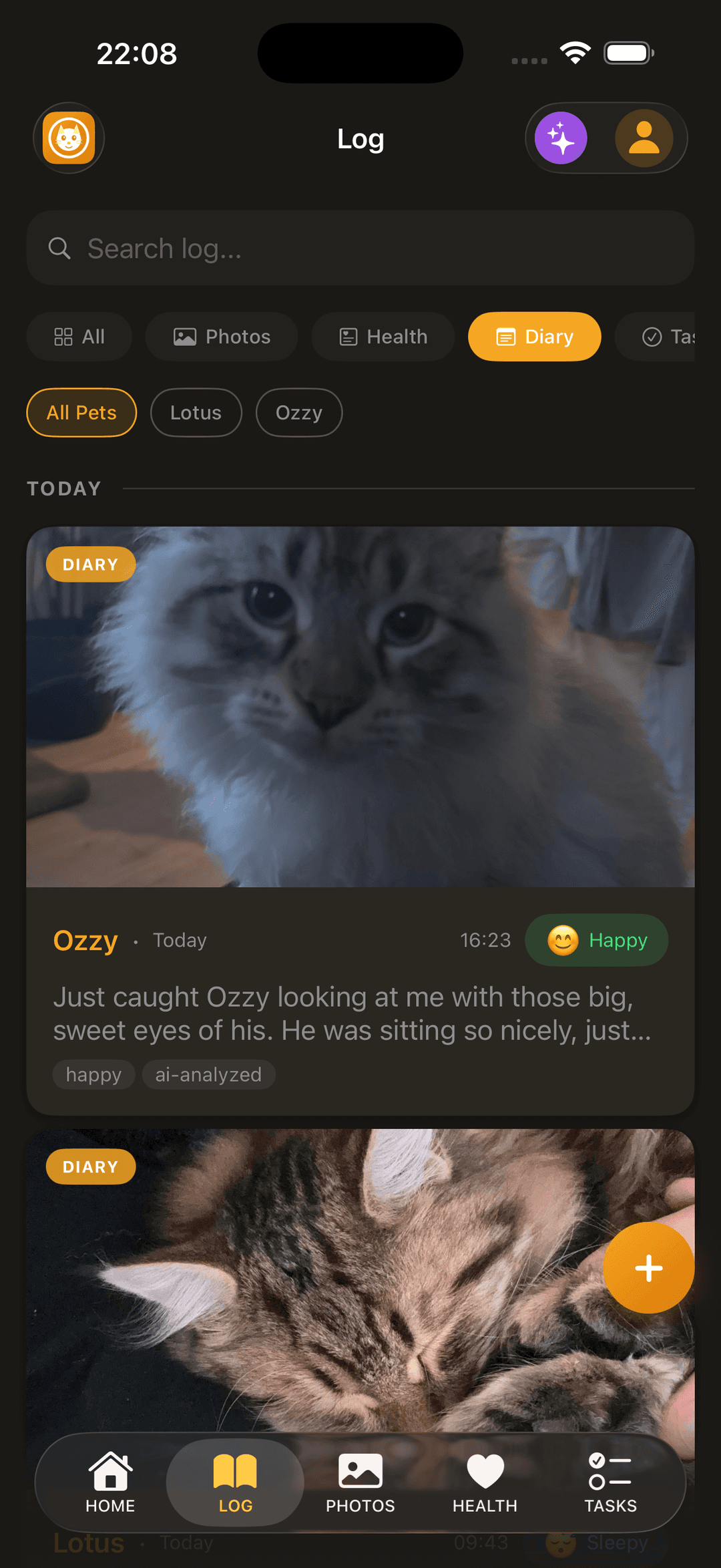 Diary log with photo entries, mood tracking, and AI-analyzed content