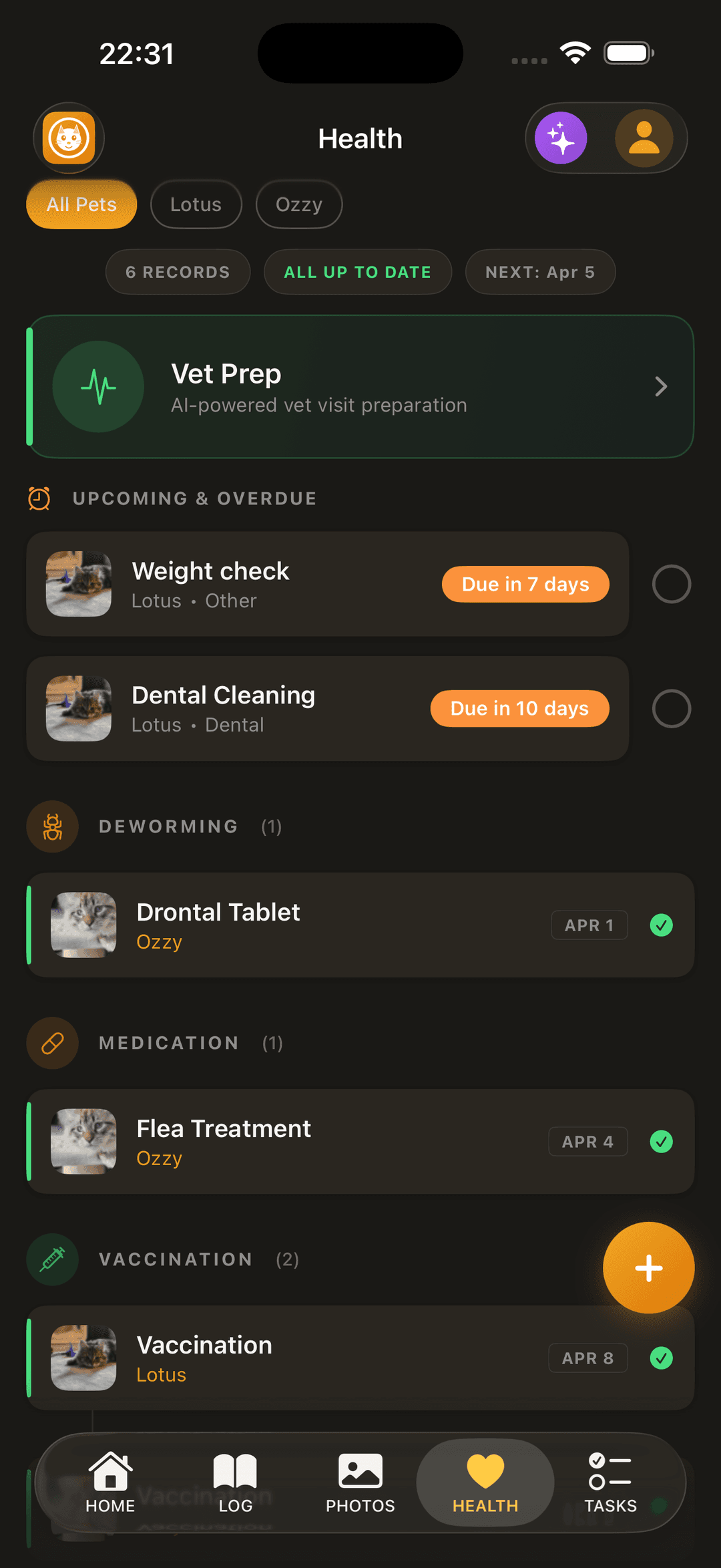Health records organized by category with vet prep, dental, grooming, and vaccinations