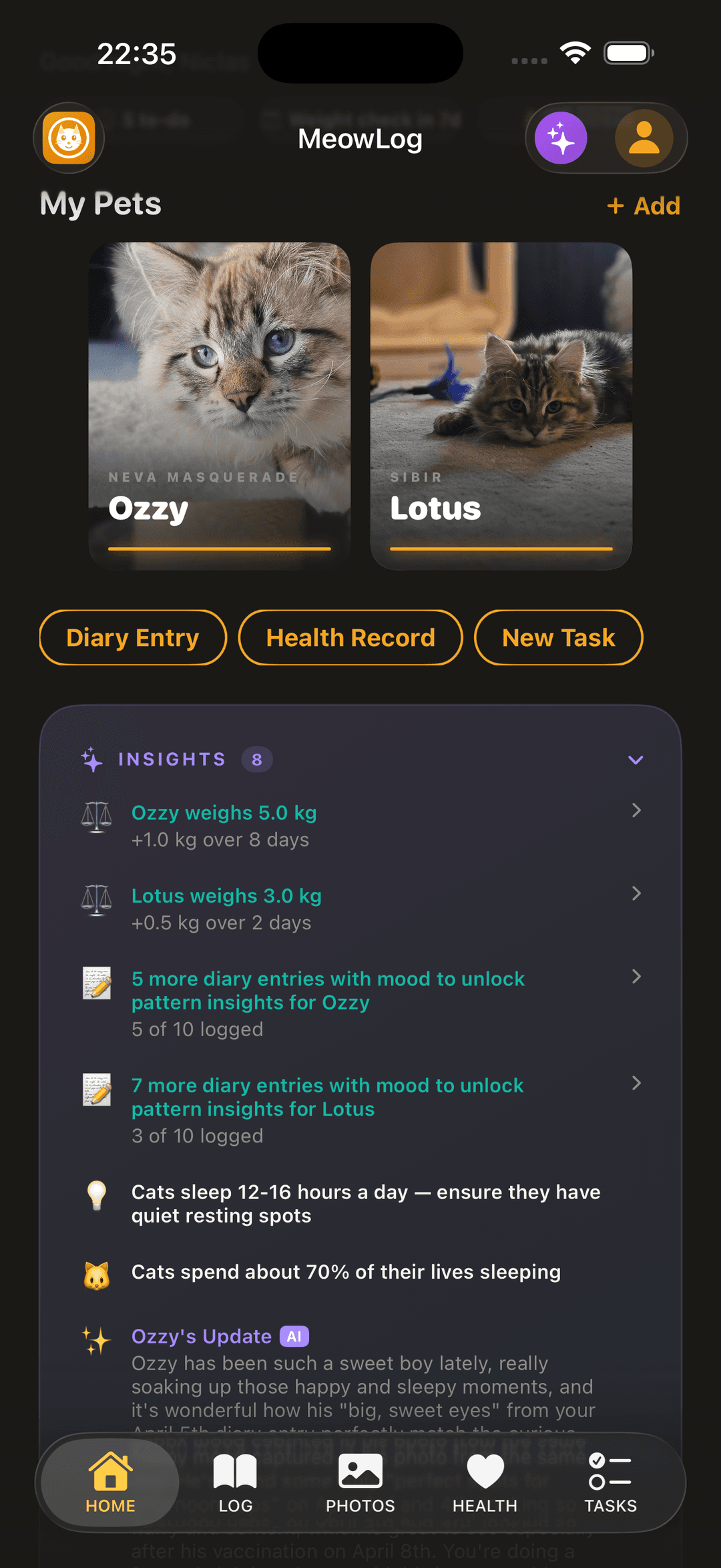 MeowLog home screen showing pet profiles, quick actions, and AI insights
