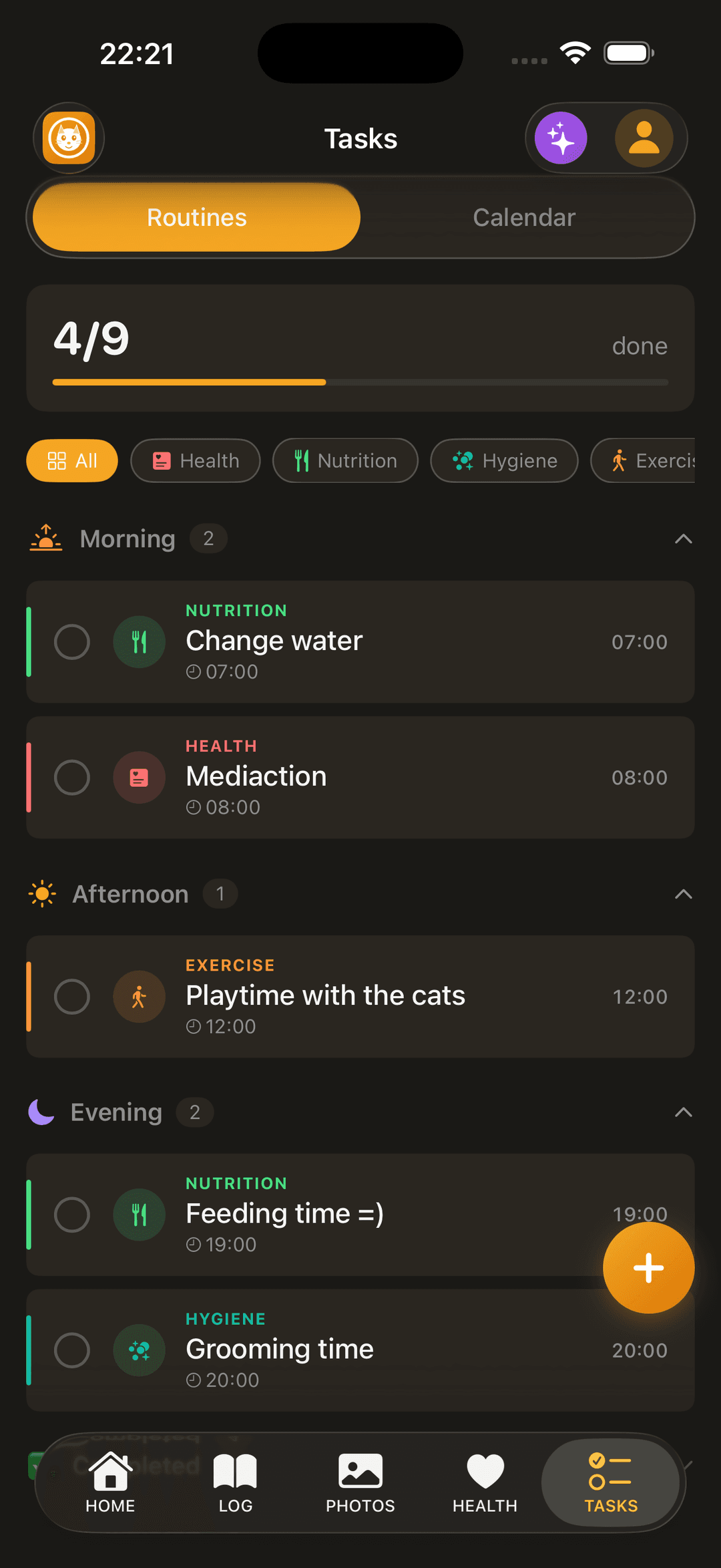 Daily pet routines organized by morning, afternoon, and evening with task completion tracking