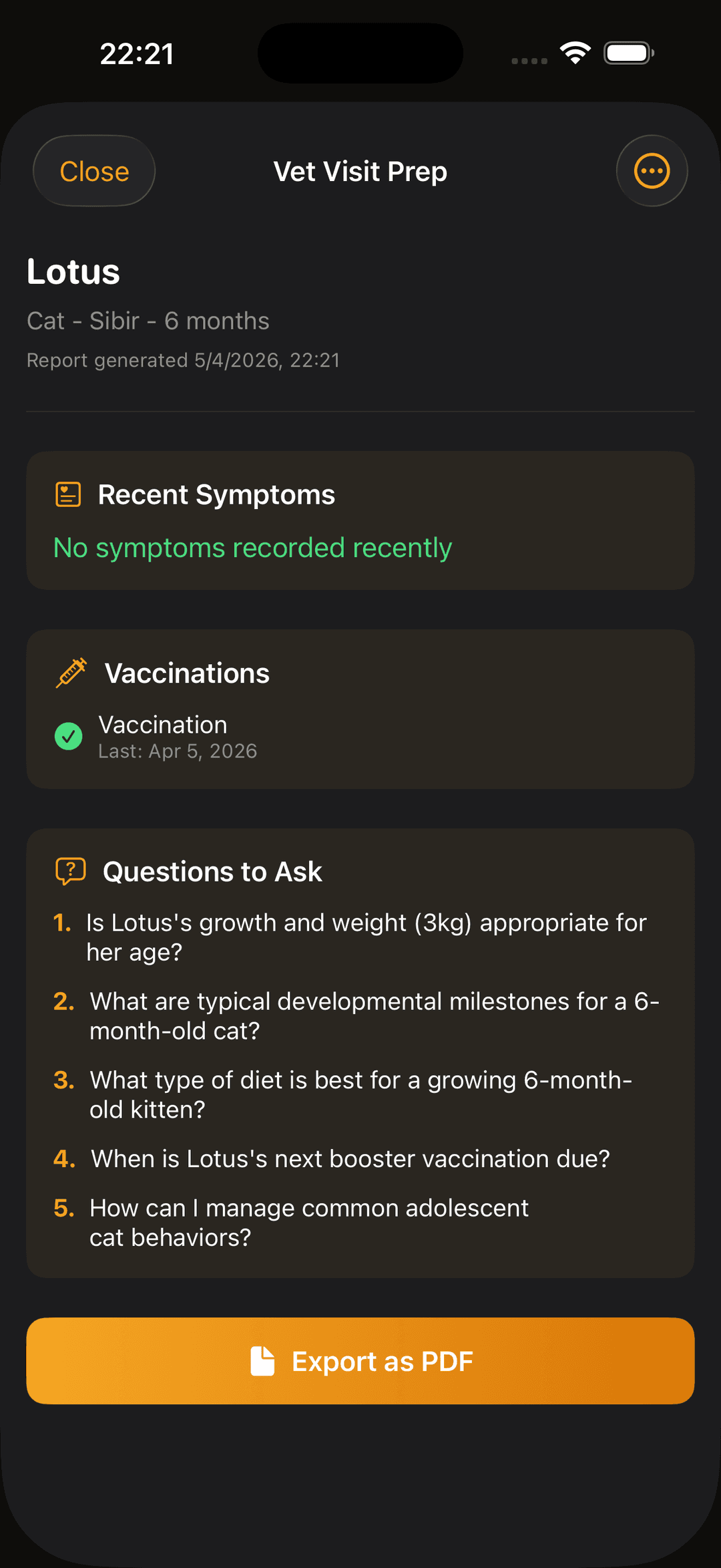 Vet visit preparation with AI-generated report, symptoms, vaccinations, and questions to ask