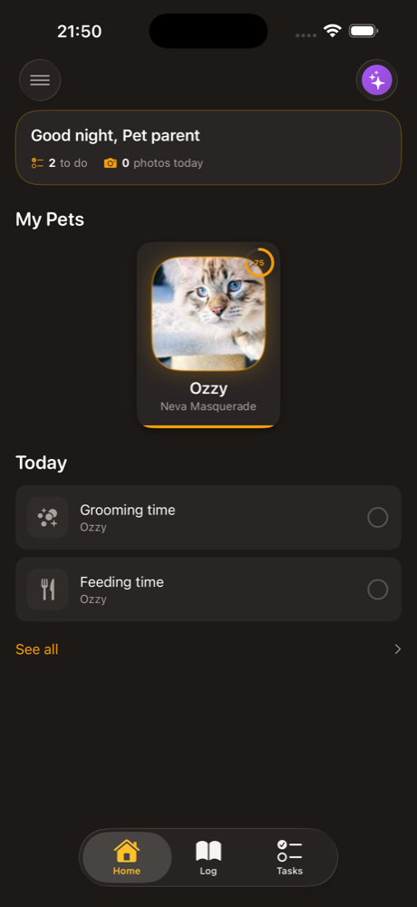 MeowLog app showing a pet profile with health stats, diary entries, and upcoming reminders
